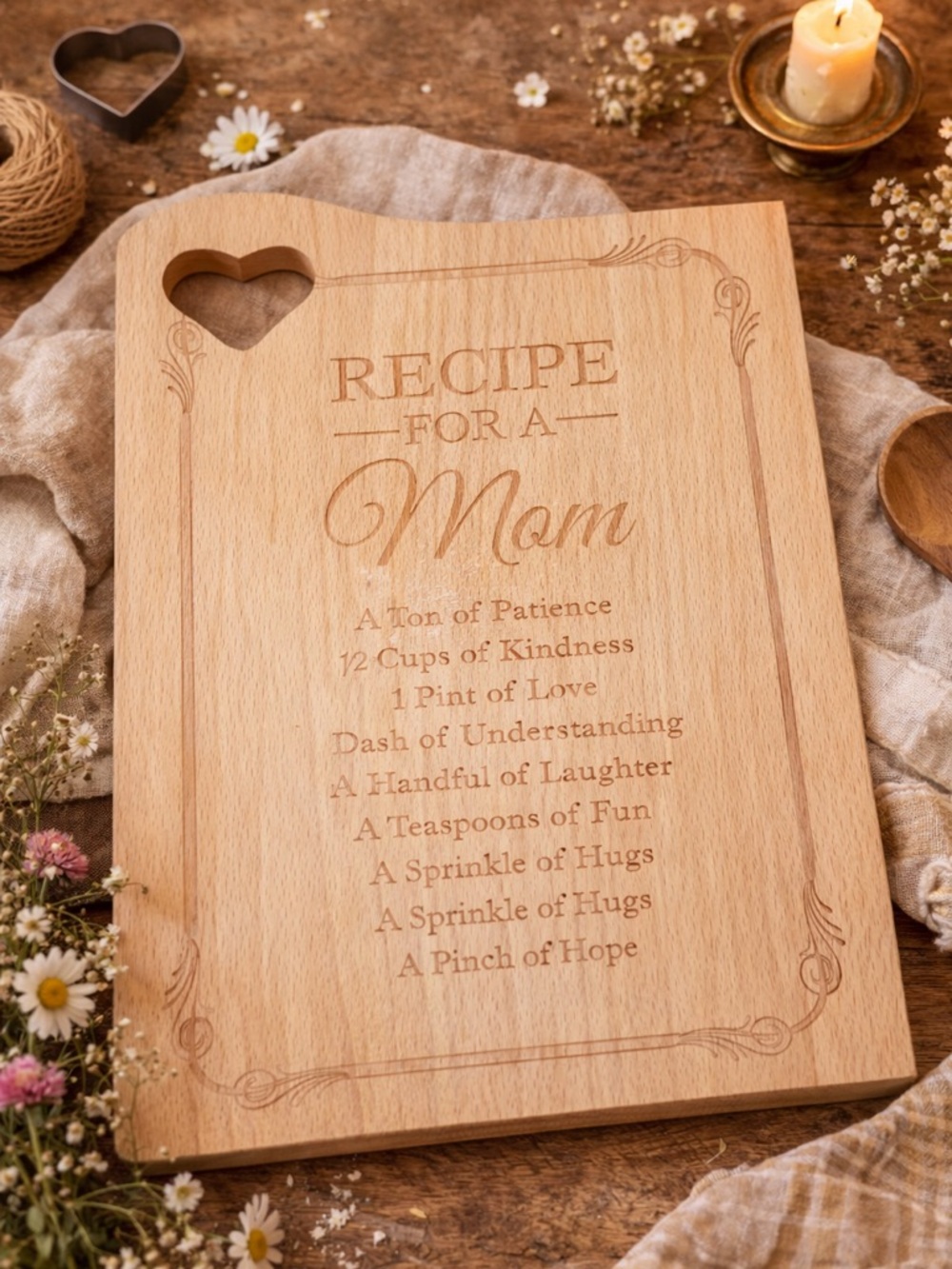 Vintage Recipe for a Mom Wooden Cutting Board 9x11 Heart Handle Farmhouse Decor